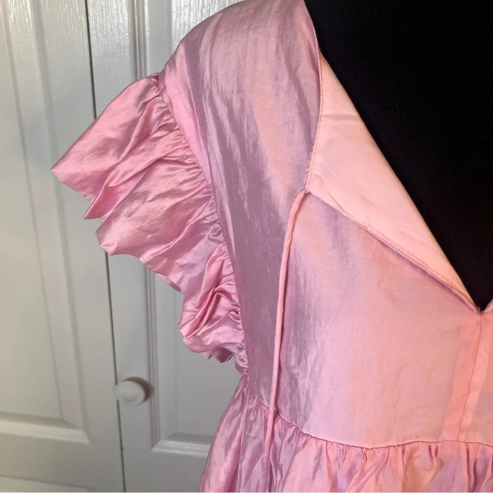 Storia Pink Babydoll Mini Dress Sz M V Neck Flitter Sleeves Satin Sheen Rush